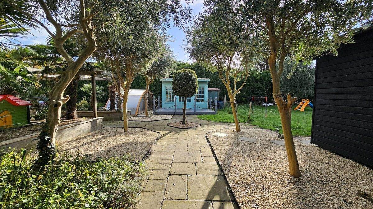 Sub-tropical garden with terrace and outdoor seating area